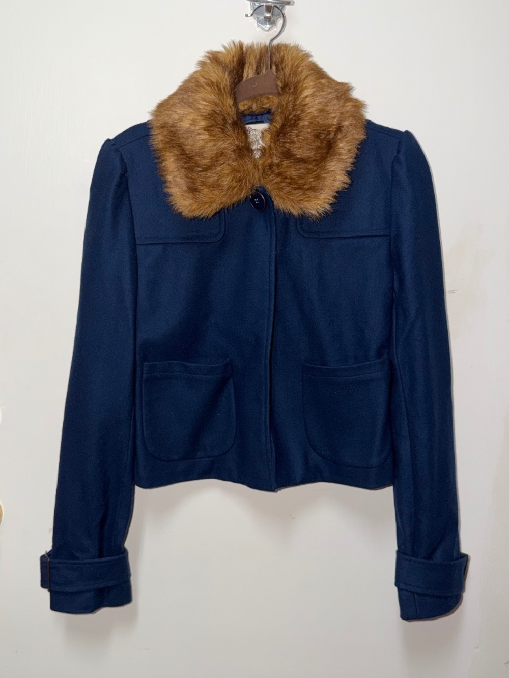 Y2K Anthropologie Tulle cropped jacket with a brown faux-fur collar